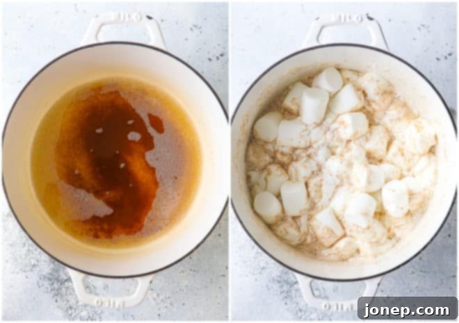 Butter browning in a pot, transitioning into a rich, nutty brown, with marshmallows beginning to melt alongside it.