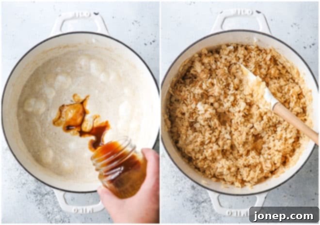 Caramel being added to the melted marshmallow mixture, then crispy rice cereal stirred in.