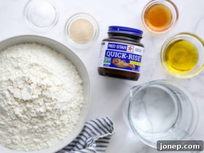 ingredients for easy no-knead pizza dough