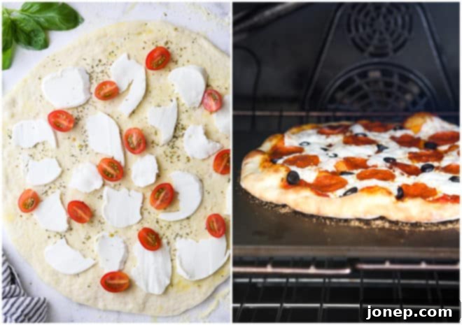 pizza with cheese and tomatoes and pizza in oven