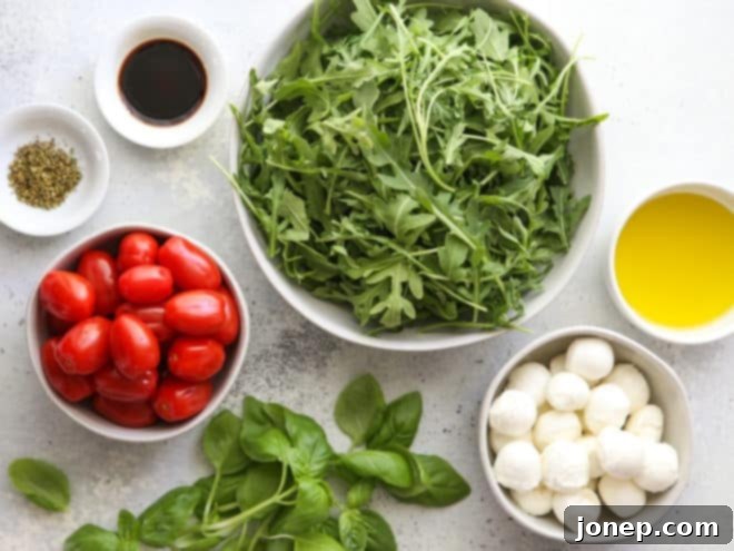 ingredients for arugula caprese salad
