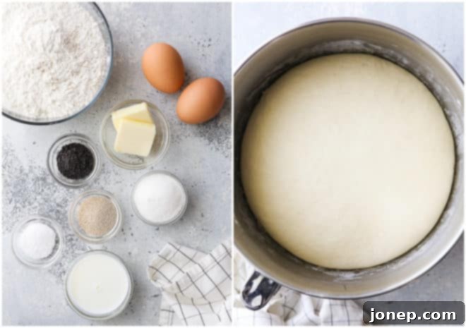hot dog buns ingredients and dough in a bowl