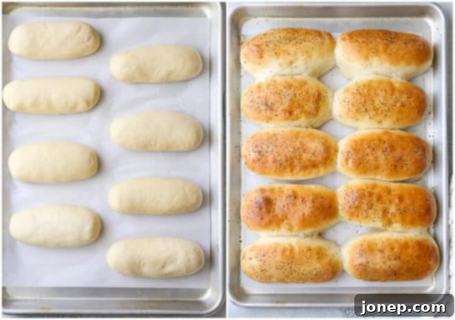 Homemade hot dog buns, before and after baking