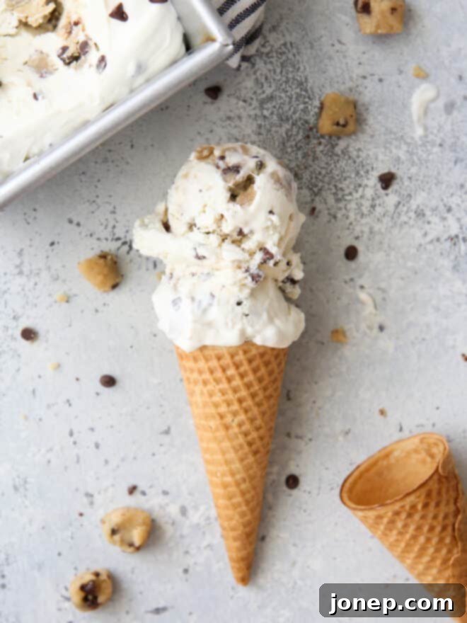 scooped no-churn chocolate chip cookie dough in a cone on counter