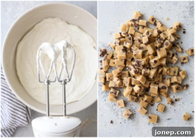 whipped cream and cubed cookie dough