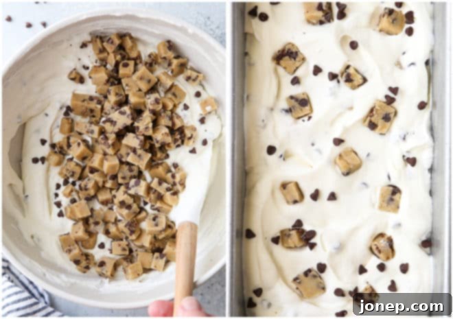 adding cookie dough chunks to whipped cream mixer, and ice cream ready to freeze
