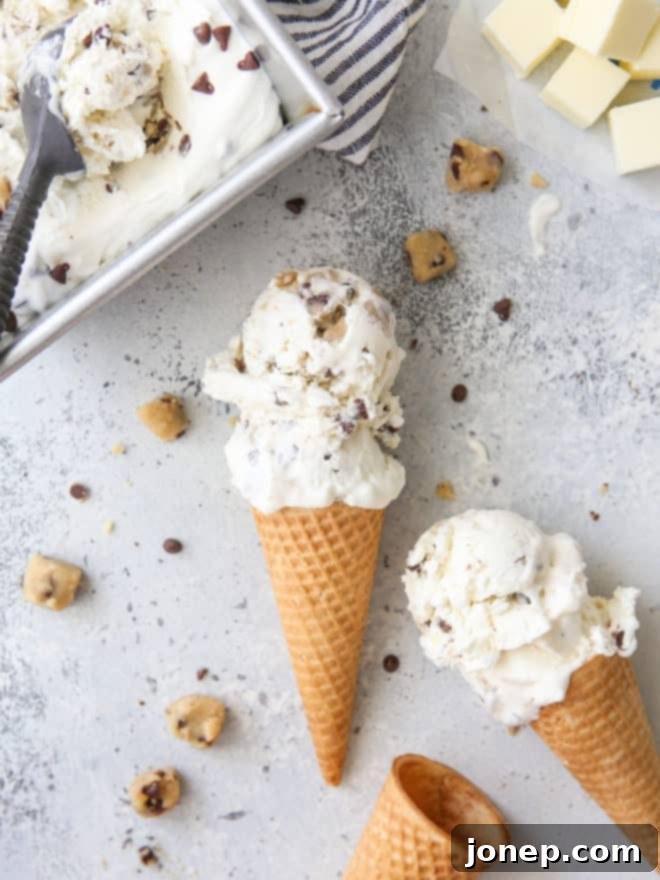 scooped no-churn chocolate chip cookie dough in a cones on counter