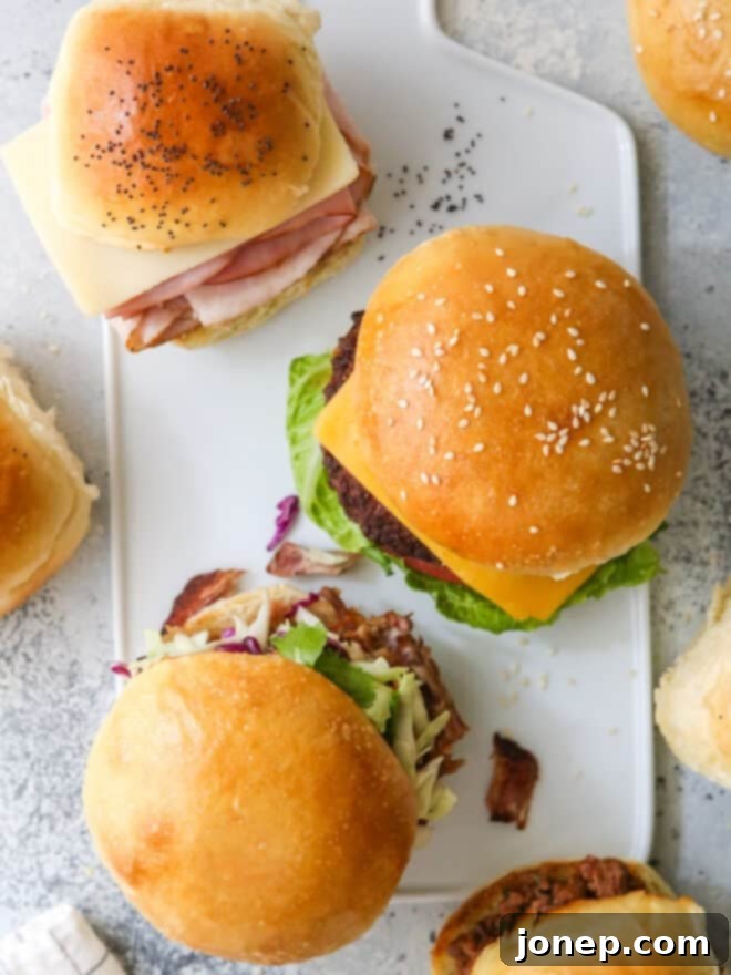 Delicious Homemade Sandwich, Slider, and Burger Buns 2 overhead sandwiches, sliders and burgers on different buns