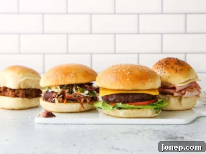 Delicious Homemade Sandwich, Slider, and Burger Buns 3 sandwiches, sliders and burgers on different buns