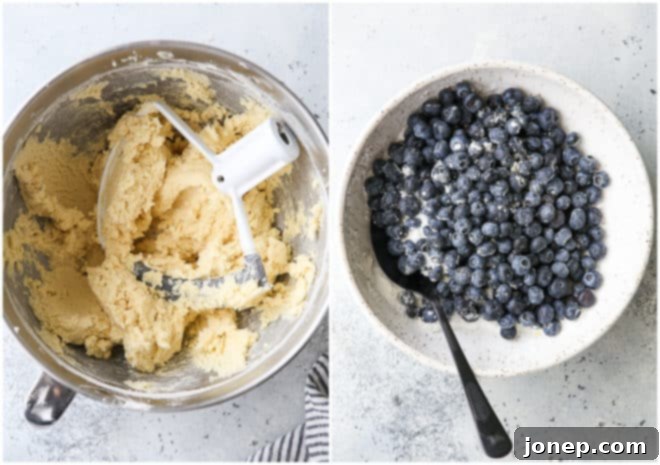 Berry Bliss Bars 4 Process of mixing dough for blueberry pie bars and preparing the blueberry filling in separate bowls.