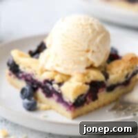 Berry Bliss Bars 8 Close-up of baked blueberry pie bars ready to be served, topped with a scoop of vanilla ice cream.
