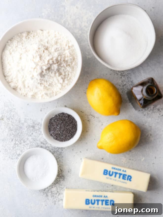 ingredients for lemon poppy seed shortbread cookies