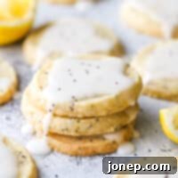 lemon poppy seed shortbread cookies stacked together