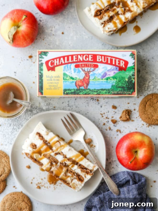 Caramel apple gingersnap icebox cake alongside a box of Challenge Butter