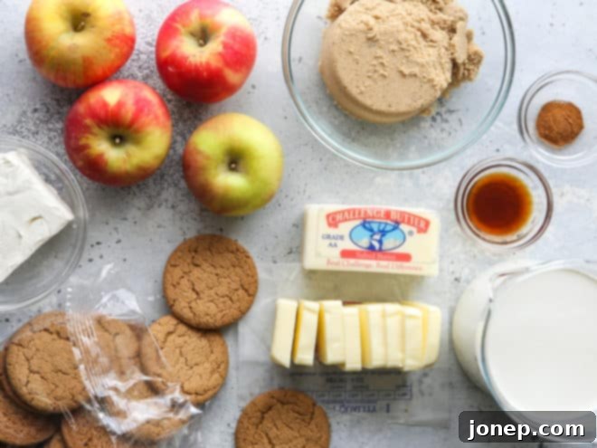 Ingredients for caramel apple gingersnap icebox cake laid out