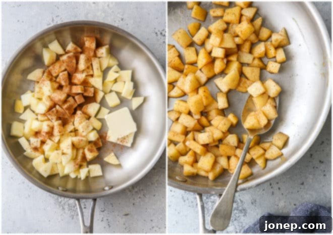 Sautéing diced apples with butter and cinnamon in a pan