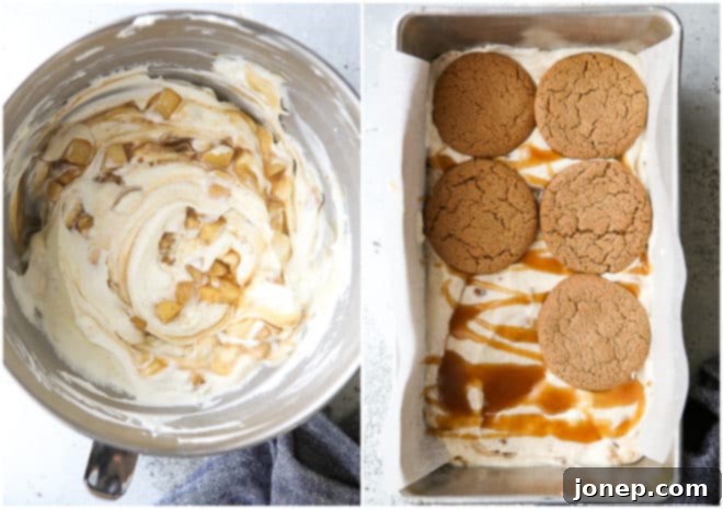 Mixing cream, apples, and caramel, then layering into a loaf pan