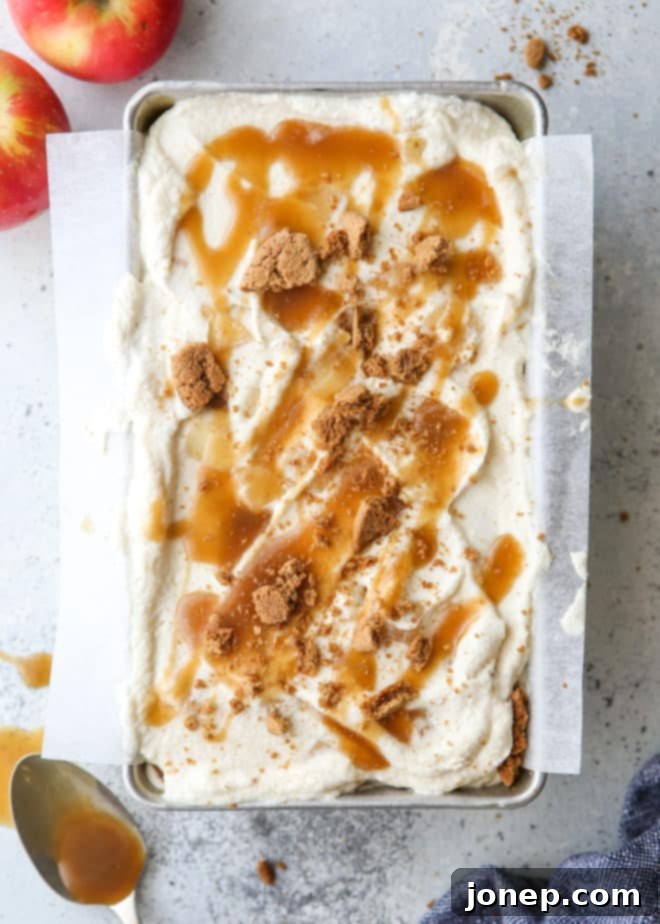 Assembled caramel apple gingersnap icebox cake in a loaf pan