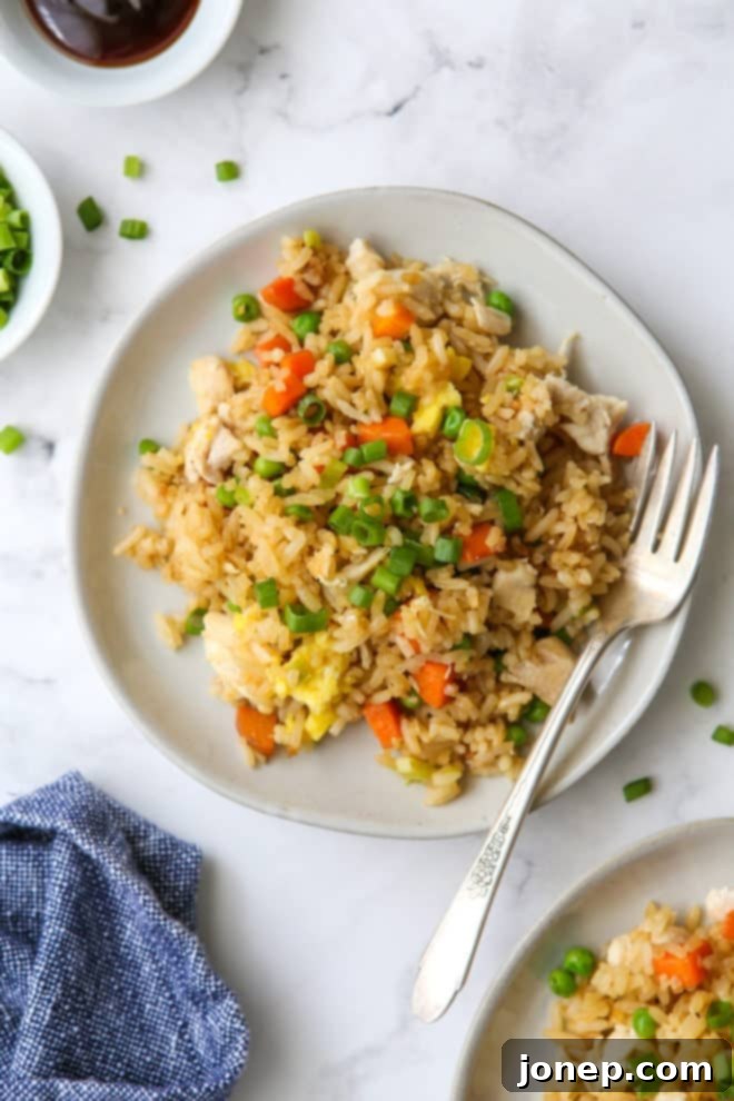 chicken fried rice on plates with a fork