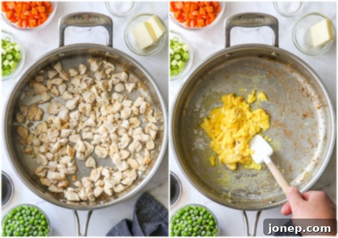 cooking chicken and scrambling eggs