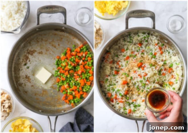 cooking veggies and adding soy sauce to fried rice
