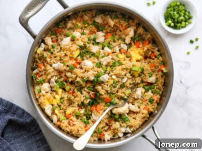 finished chicken fried rice in a pan