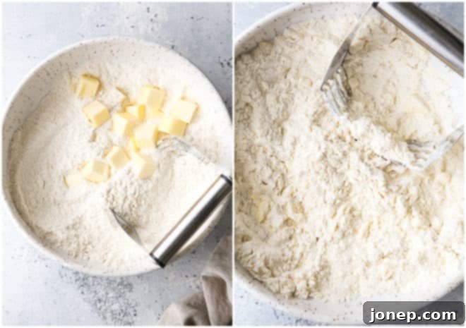 mixing butter into biscuit dough