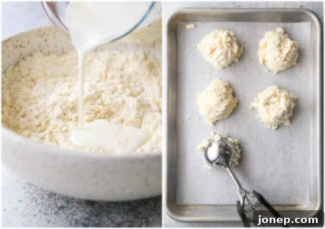 adding buttermilk to biscuit dough and scooping biscuits