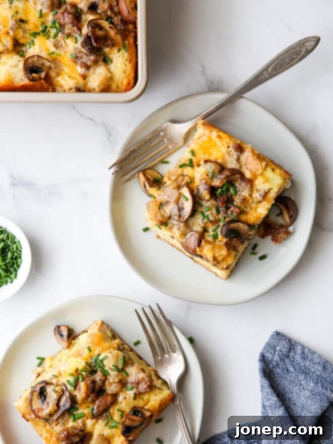 Hearty Sausage and Mushroom Breakfast Casserole 30 Slices of savory sausage and mushroom breakfast casserole on plates, ready to be served.