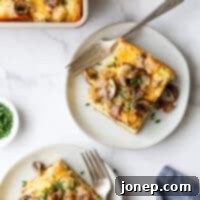 Hearty Sausage and Mushroom Breakfast Bake 9 Slices of savory sausage and mushroom breakfast casserole on plates, ready to serve