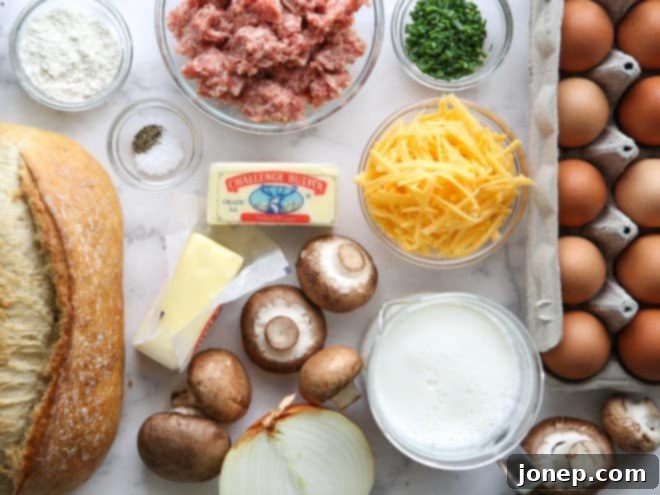 A collage of fresh ingredients laid out for the sausage and mushroom breakfast casserole preparation.