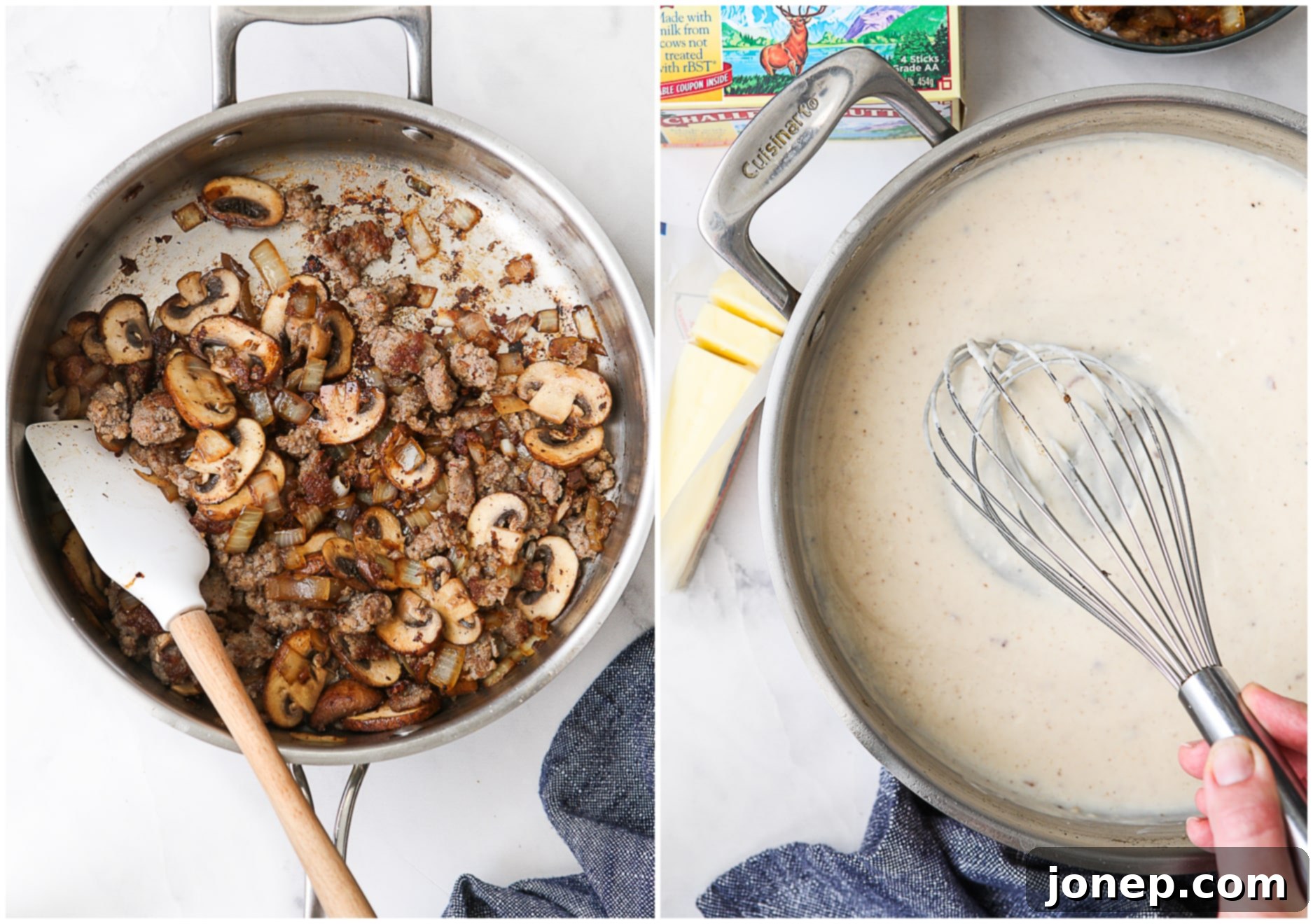 Process of browning sausage and mushrooms, followed by making homemade mushroom gravy in a skillet