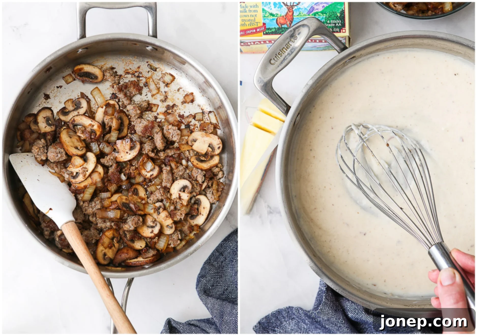 A visual step-by-step of browning sausage and mushrooms, followed by making homemade gravy in a skillet.