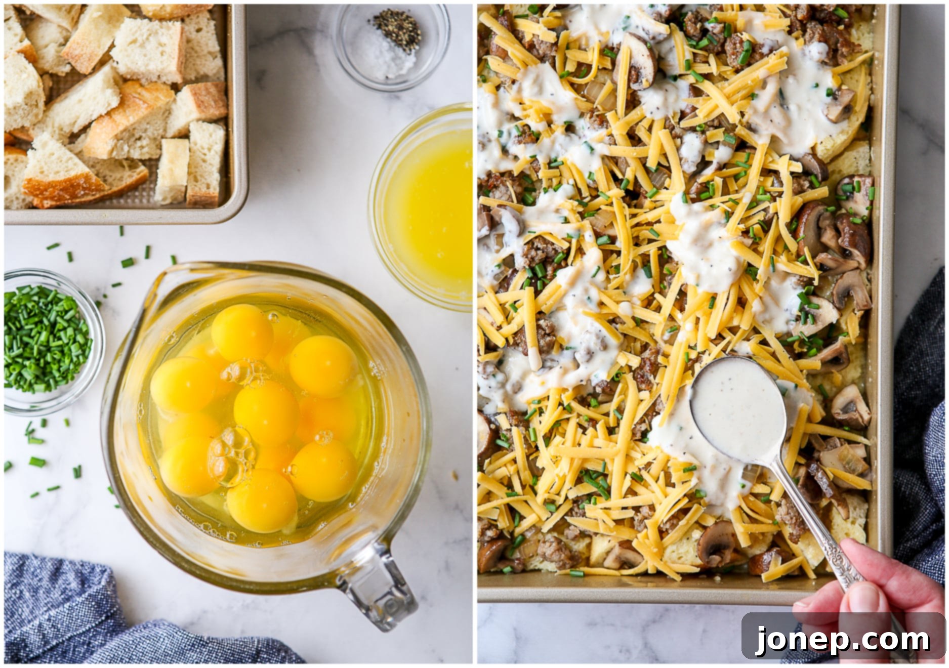 Detailed steps of assembling the breakfast casserole with layers of bread, egg mixture, sausage, mushrooms, and cheese, topped with gravy