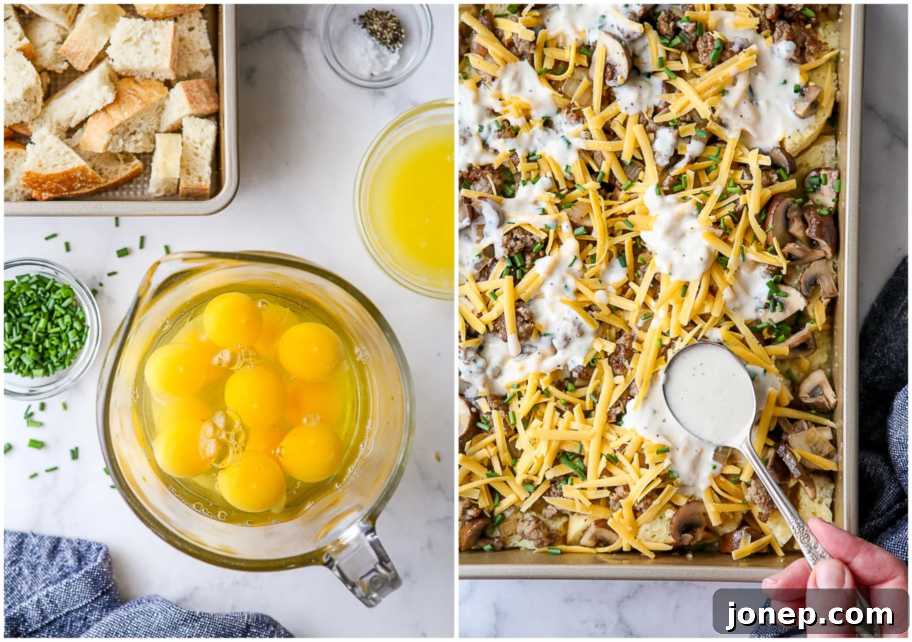 Assembling the sausage and mushroom breakfast casserole with layers of bread, egg mixture, sausage, mushrooms, and cheese.