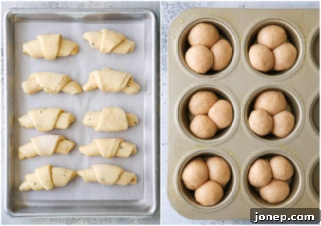 A close-up of a baking sheet featuring shaped crescent rolls and cloverleaf rolls, puffed and ready for the oven, highlighting different roll designs.