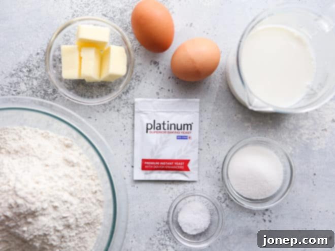 A flat lay of all the essential ingredients needed for making dinner rolls, including bread flour, yeast, milk, butter, eggs, sugar, and salt.