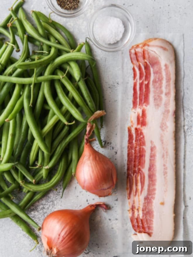 ingredients for green beans with crispy shallots and bacon
