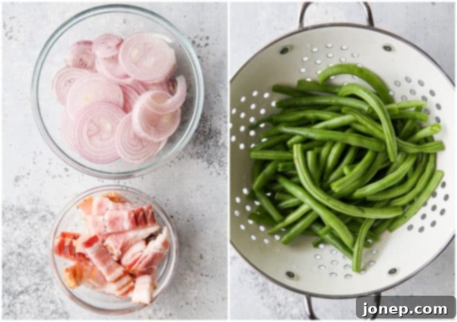chopped bacon and shallots in bowls, trimmed green beans in bowl
