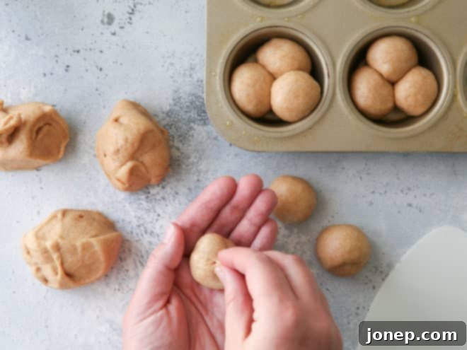 Mastering Dinner Roll Shapes 5 Close-up of hands arranging three small, round portions of whole wheat dough into a greased muffin tin cup, forming a cloverleaf pattern.