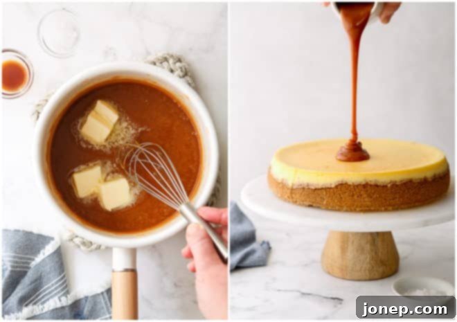 making caramel sauce and pouring it on cheesecake