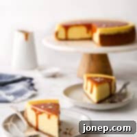 Caramel Sea Salt Cheesecake 9 slices of salted caramel cheesecake on a plate with cake stand in background