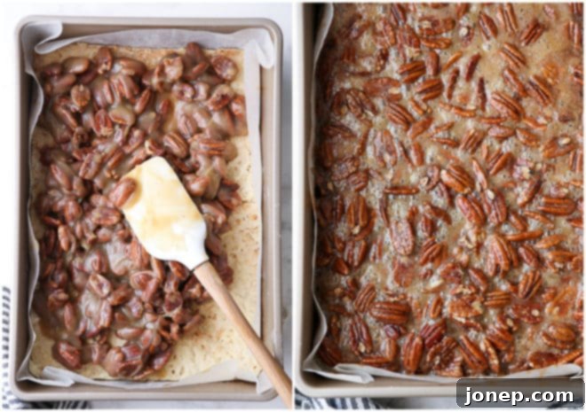 adding pecan filling, baked bubbly pecan pie filling