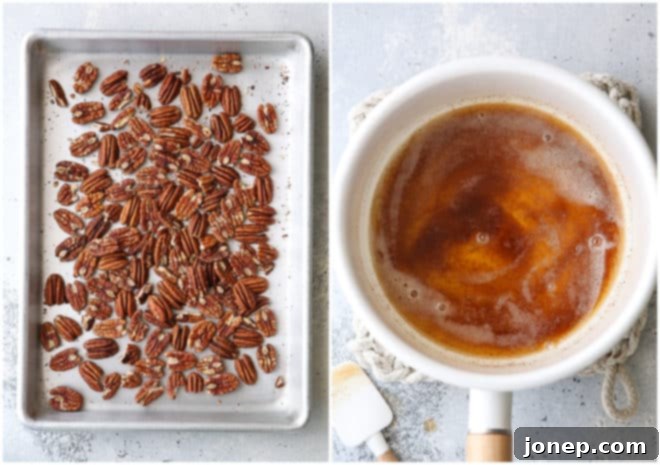 Process shots showing butter browning in a saucepan on the stovetop and toasted pecan halves spread on a baking sheet, ready for the cookie dough.