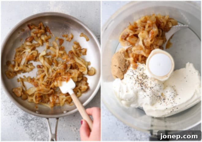 caramelizing onions in a pan and adding ingredients to a food processor for french onion dip