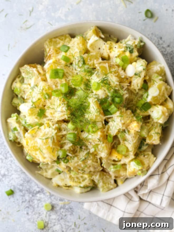 The best creamy potato salad served in a large bowl, ready to enjoy