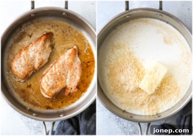 Pan-frying chicken in a skillet and preparing the creamy alfredo sauce in the same pan for maximum flavor.