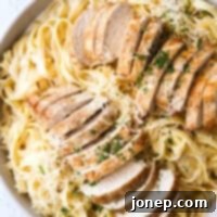 closeup of chicken fettuccine alfredo in a bowl