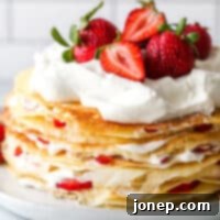 Strawberry Cream Dream Crepe 9 strawberries and cream crepe cake close up