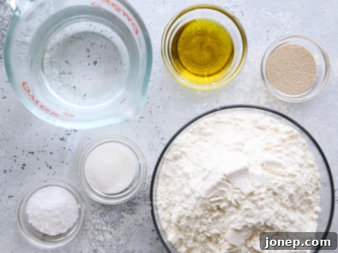 Basic ingredients laid out for making no-knead breadsticks